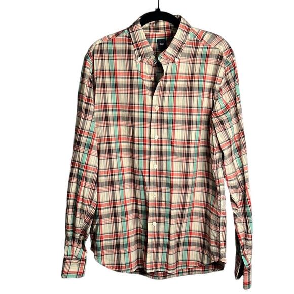 Men’s Gap Cream and Red Plaid Button Down Long Sleeve Shirt Size Medium - Picture 1 of 9